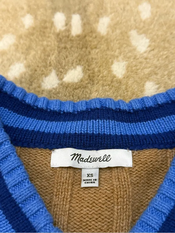 Madewell Tipped V-Neck Oversized Wool Blend Sweater XS Heather Caramel Blue - Image 9