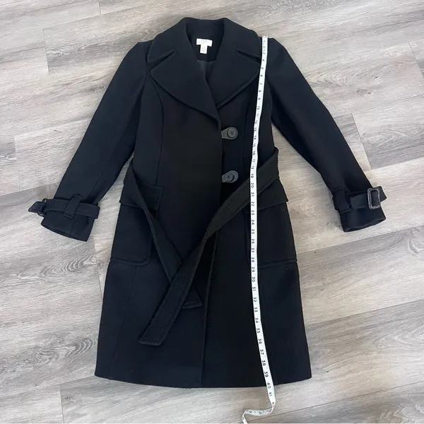 LOFT Ann Taylor Women’s Coat Wool Blend Black Textured Tie Size 4 Mid Length - Image 9