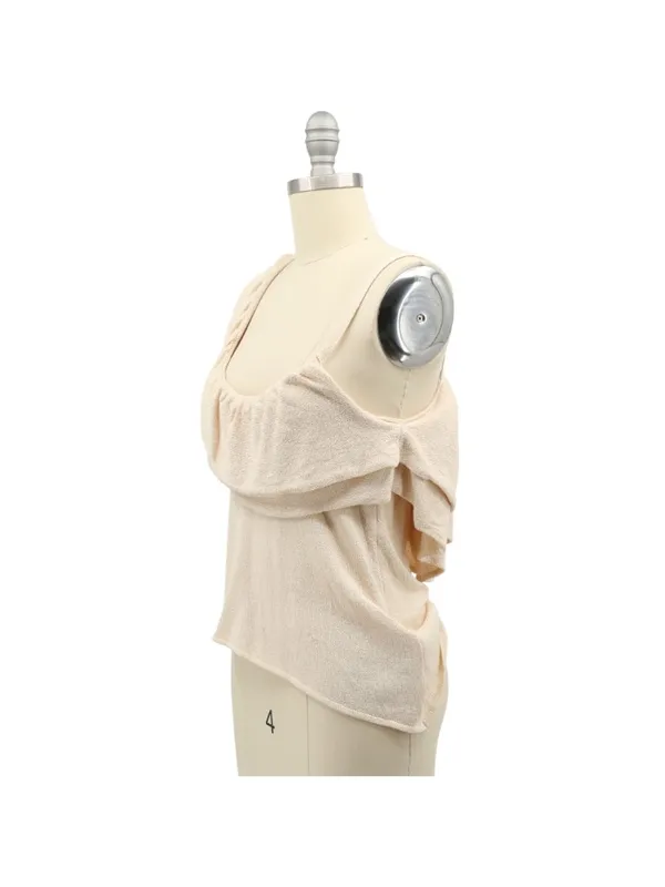 New Zara Ruffle One Shoulder Cream Soft Knit Tie Back Top L - Image 4