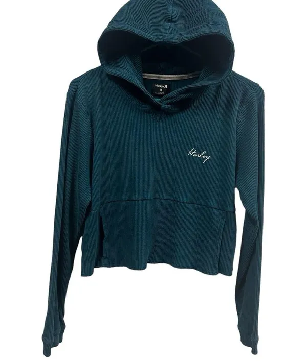 Hurley Ribbed Turquoise Long Sleeve Hooded Cropped Shirt Kangaroo Pocket Medium - Image 8
