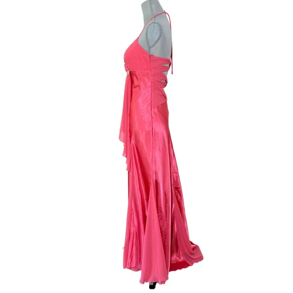 Hot Pink Mermaid long dress gown Cutout Halter Rhinestone Ruffle Formal Dress xs - Image 4