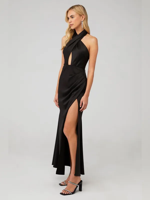 ELLIATT Brynn Black Satin Halter Cutout Maxi Gown Womens XS EUC - Image 3