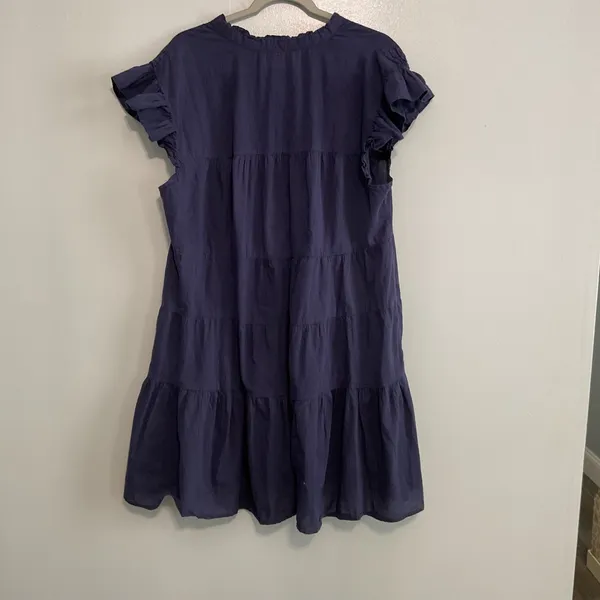 Boston Proper Tiered‎ Mini Dress Women XL Navy Blue Smocked Ruffle Short Sleeve - Image 3