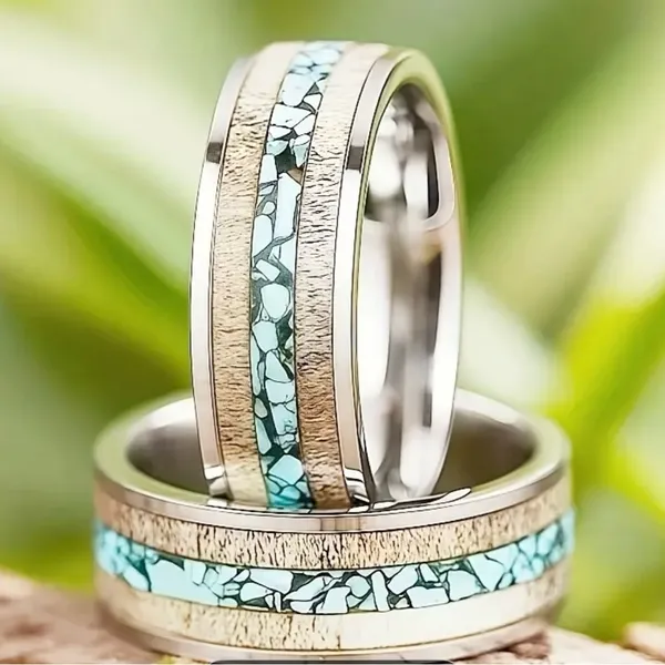 Men’s 8mm Stainless Steel Silver Deer Horn w/ Crushed Turquoise Inlay Band S 13 - Image 4