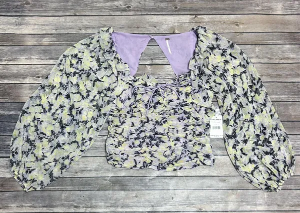 Free People Mabel Lilac Combo Purple Yellow Floral Sheer Puff Sleeve Top Large - Image 7