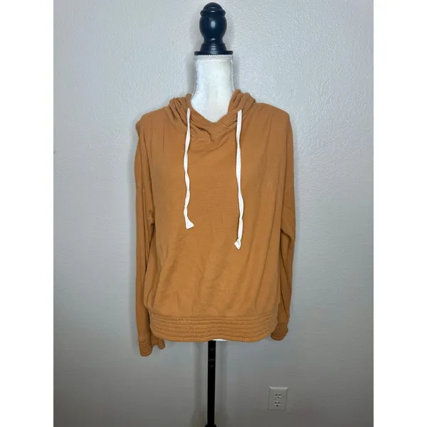 PACT Women's L Organic Cotton Pullover Lite Waffle Hoodie Knit Sweater Camel - Image 10
