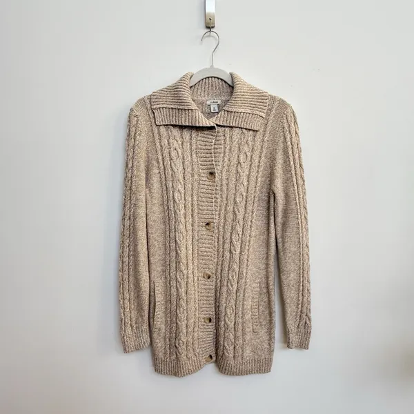 L.L. Bean Cable Knit Fisherman Cardigan Sweater Beige Cotton Button Front‎ M - Image 2