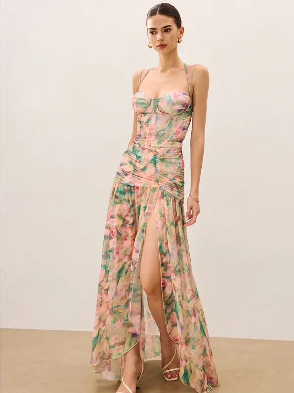 Commense Pink Floral Maxi Dress with Green Accents - Image 5