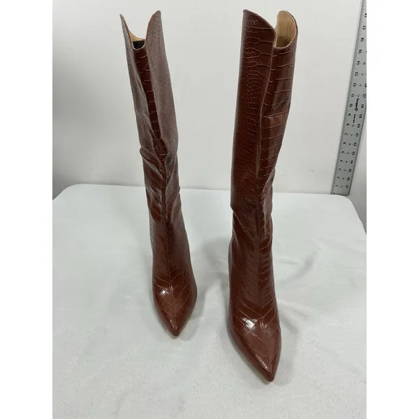 Womans Suedi Knee High Boots 7 Brown Croc Faux Leather Stiletto Pullon NWOT - Image 3