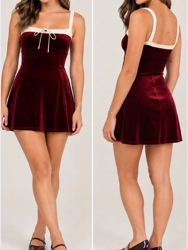Lulu’s Charmed Appeal Burgundy Velvet Satin Bow Mini Dress - Image 2