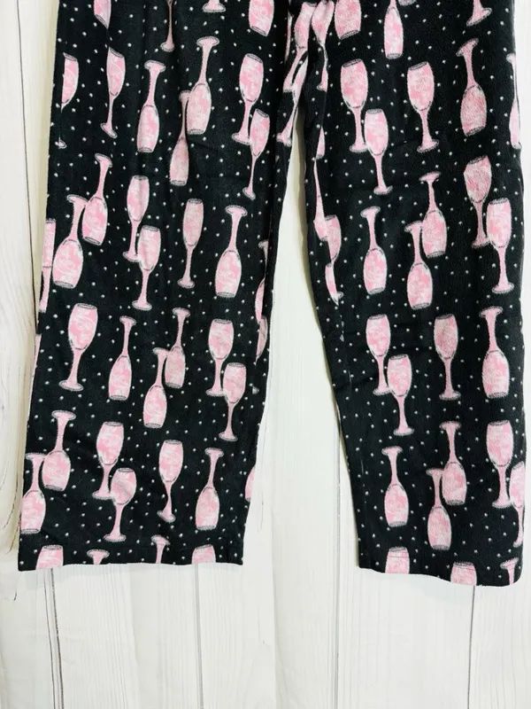 Charter Club Intimates Pajama Set Sz L Black Pink Wine Glasses Fleece Pockets - Image 6
