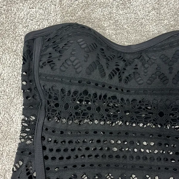 New Large Black Strapless Sheer Crochet One Piece Swim Suit with Button Detail - Image 5