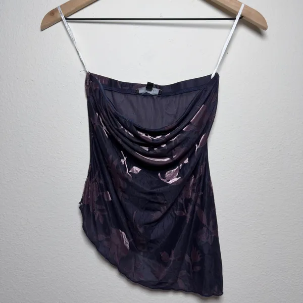 Lulus Womens Tube Top XS Navy Purple Burnout Velvet Floral Asymmetric Strapless - Image 3