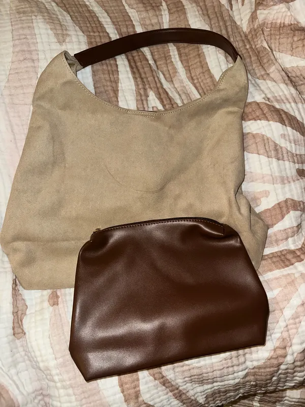 New Faux Suede Slouchy Hobo Bag & Pouch Multiple: Colors:tan Faux Suede Bag Faux Leather Pouch - Image 5