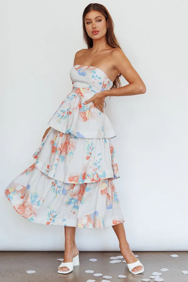 Outshine Strapless Tiered Midi Dress Floral in Peach - Image 3