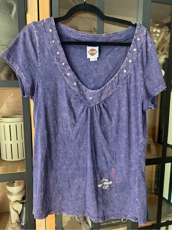 Vintage y2k Harley Davidson tee scoop neck short sleeve embellished acid wash - Image 9