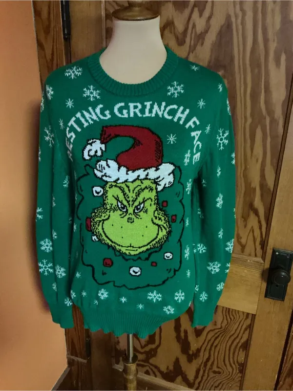 The Grinch Resting Grinch Face Christmas Ugly Sweater Green Medium Dr Seuss - Image 4