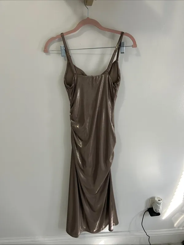 Popilush Metallic Cowl Neck Ruched Midi Dress Bronze - Image 5
