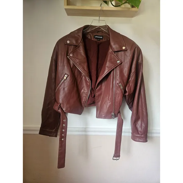 Lamarque Women's Mahogany Brown Dani Moto Jacket Large Cropped Belted Fall - Image 8