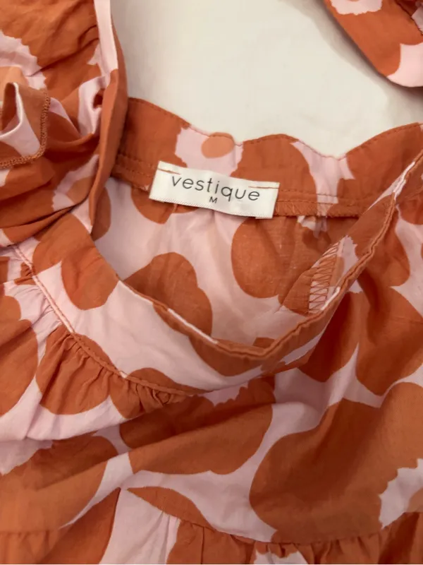 Vestique Pink Rust Floral Ruffle Babydoll Tank Top Size M 100% Cotton - Image 3