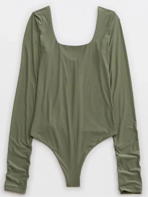 American Eagle aerie SMOOTHEZ Long Sleeve Plunge Bodysuit Olive Green Med - Image 3
