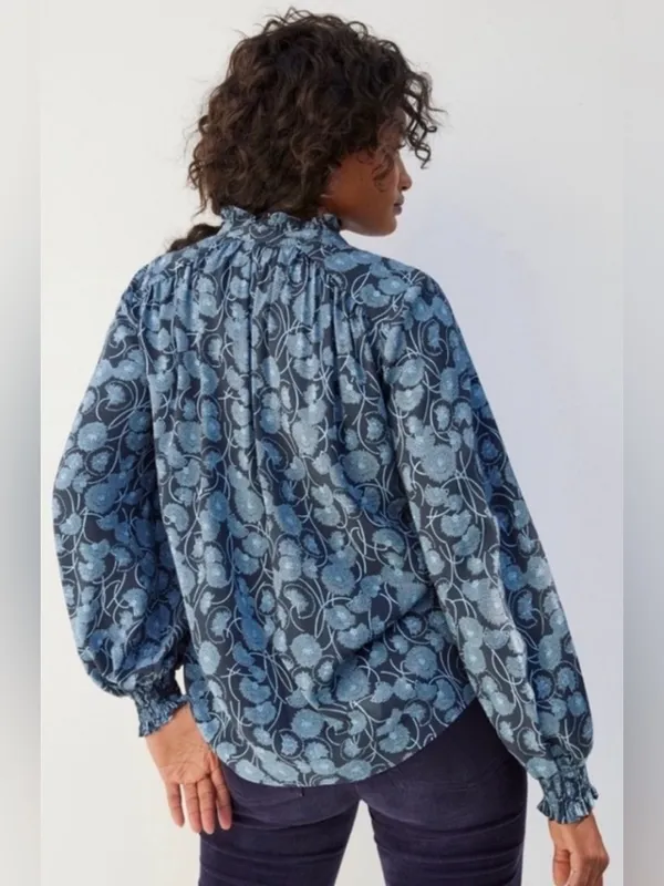 MAEVE by Anthropologie Blue Floral Ruffle-Neck Blouse - Image 2