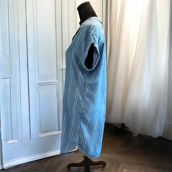 Oso Casuals‎ dress Short sleeve M Blue White Striped Button Front Pleated Back - Image 2