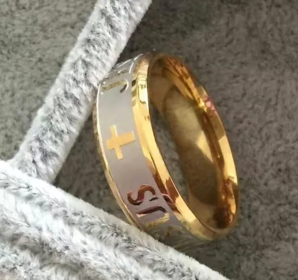 New Stainless Steel 8mm Jesus Gold Tone Band Ring Christian Cross Jewelry sz 8 - Image 3
