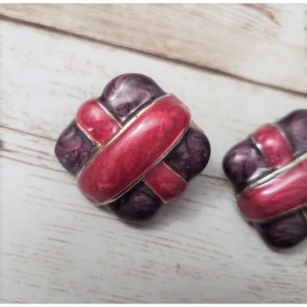 Vintage Clip On Earrings - Dark Purple & Dark Pink - 1" - Image 4