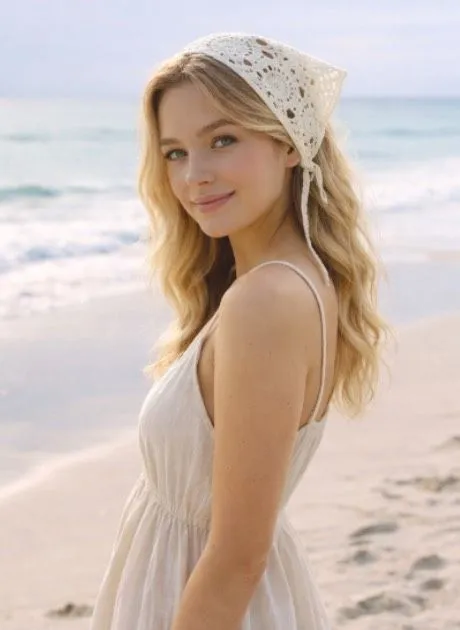 Boho Crochet Triangle Head Scarf Bandana Ivory Tie Back - Image 13