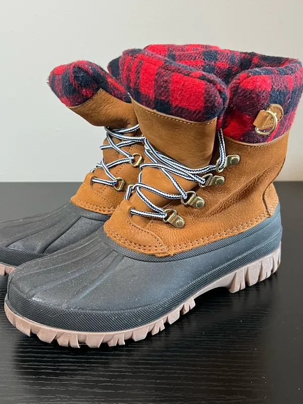 J. Crew‎ Perfect Winter Leather Red Plaid Flannel Winter Duck Boots H1891 Size 8 - Image 4