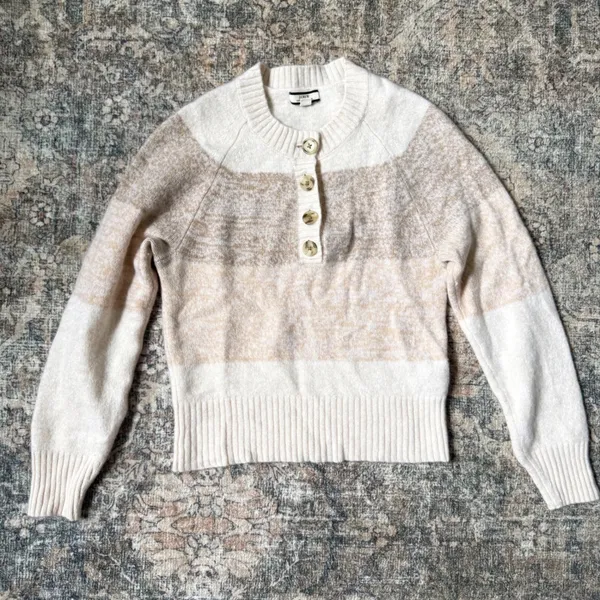 J.Crew 100% Cashmere marled sweater in stripe Henley Tan Cream Suze Sm - Image 3