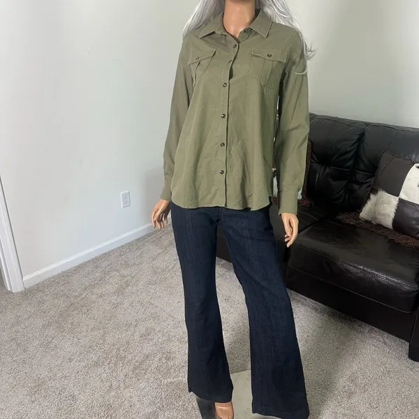 Tuckernuck Med Olive Steele Button Up Utility Blouse Shirt‎ Linen Blend Forest - Image 13