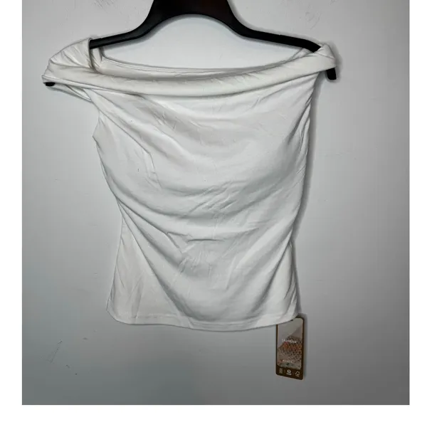 OGL White Off Shoulder Top Size S New Seamless Bra Top Ribbed Activewear Shirt - Image 2