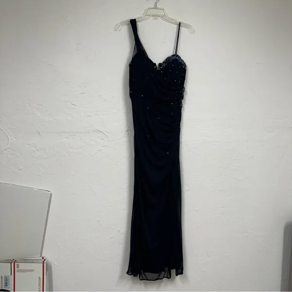 Xscape Blue Beaded One Shoulder Maxi Formal Dress Womens 12 Ruched Bridesmaid - Image 15
