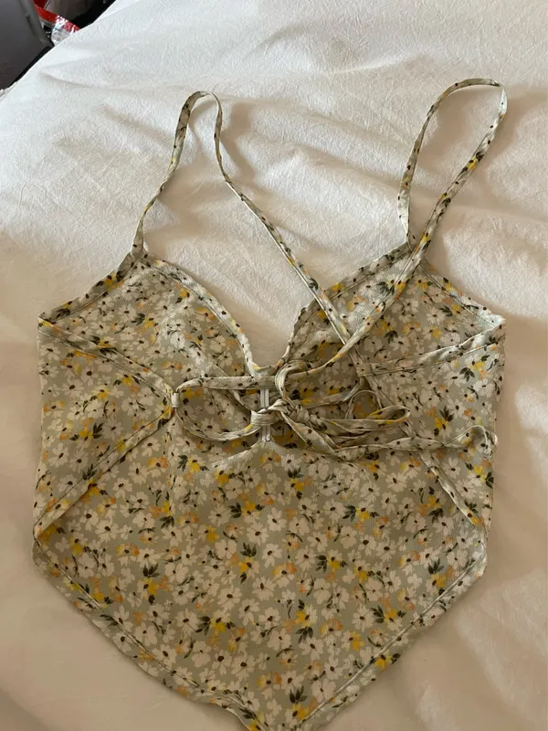 Green floral tie strap top White - Image 2