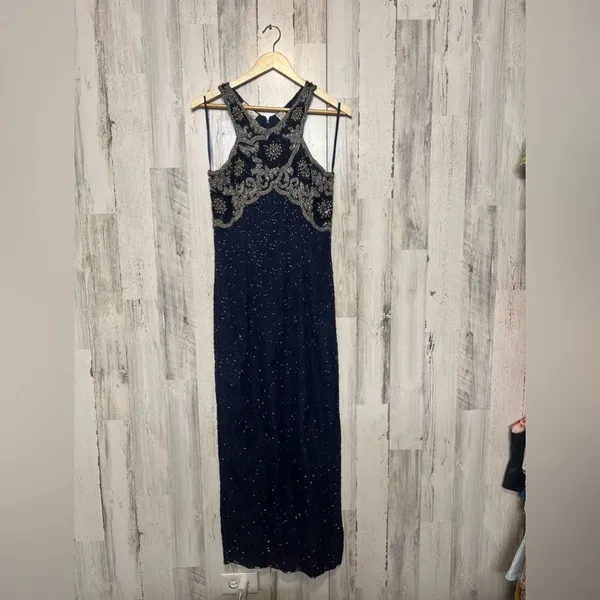 Navy Blue Beaded Embellished Maxi Dress Formal Evening Gown Size M - Image 3