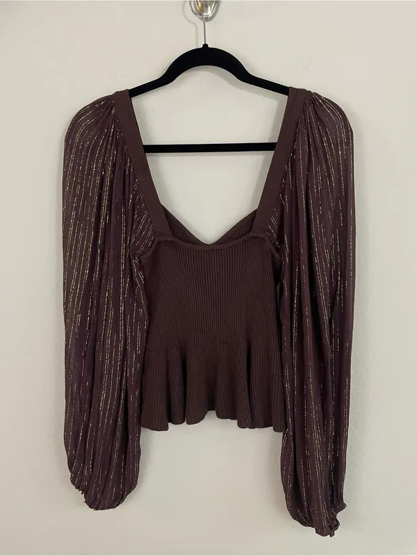 Anthropologie‎ Bl-nk Peplum Twofer Sweater Top Balloon Sleeves Brown Size Small - Image 7
