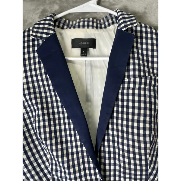 J.Crew Puckered Gingham Blazer Navy White Cotton 1-Button Blazer Jacket Size 6 - Image 2