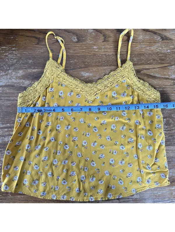 Hollister Yellow Floral Lace Trim Spaghetti Strap Cami Top XS - Image 4