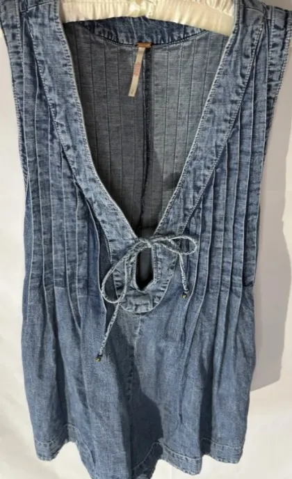 Free People Denim Webster Romper Blue Women's Small Sleeveless Pintuck - Image 4