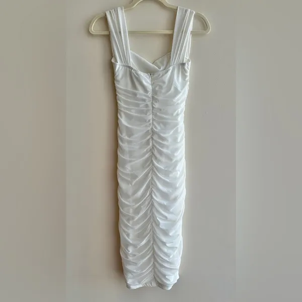 Glamaker White Mesh Ruched Off the Shoulder Mini Dress, Size Small, Bridal - Image 14