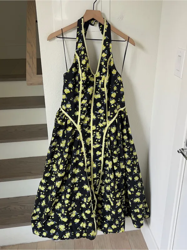 By Anthropologie Halter V-Neck Fit & Flare Midi Dress Yellow Floral NWT - Image 5