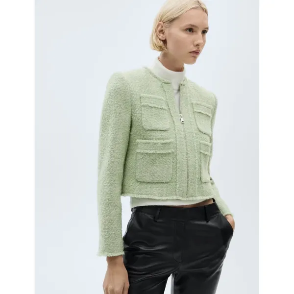 MNG Mango Italian Wool Tweed Jacket Light Green Cropped Zip ENA 77046358 XXL NEW - Image 2