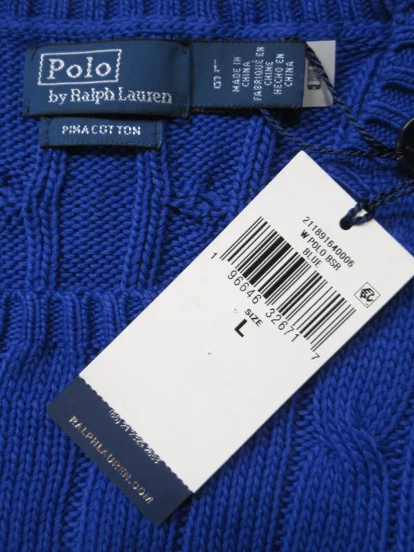 NWT Polo Ralph Lauren Cable-Knit Pima Cotton Crew Neck in Blue Sweater L - Image 4