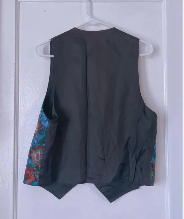 Awesome Vintage Satin Floral Open Vest Sz L XL Reversible To Black - Image 3