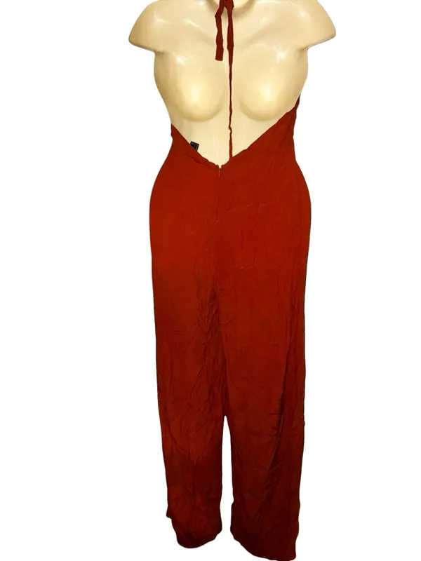 Forever 21 Halter Neck Wide-Leg Jumpsuit in Rust Orange - Image 3
