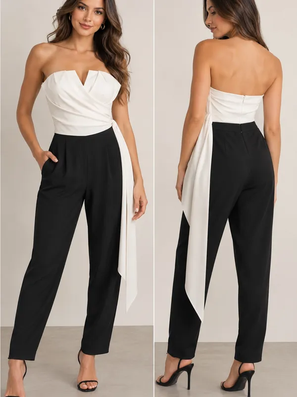 VENUS Two-Tone Strapless Jumpsuit in White & Black - Image 2