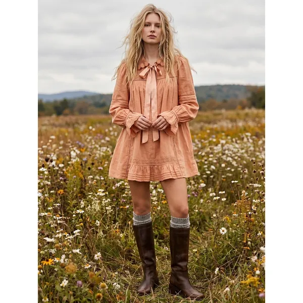 Free People Dainty Cottage Crochet 5 O'clock Tea Time Mini Dress Neutral Medium - Image 5