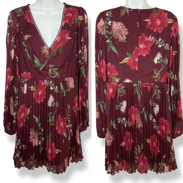 Lulus Win The Day Dress Burgundy Floral‎ Print Pleated Long Sleeve Mini V-Neck - Image 4